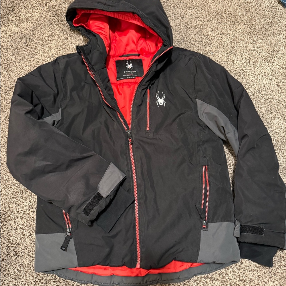 Spyder Kids Ski Jacket in Black and Gray with Red Accents